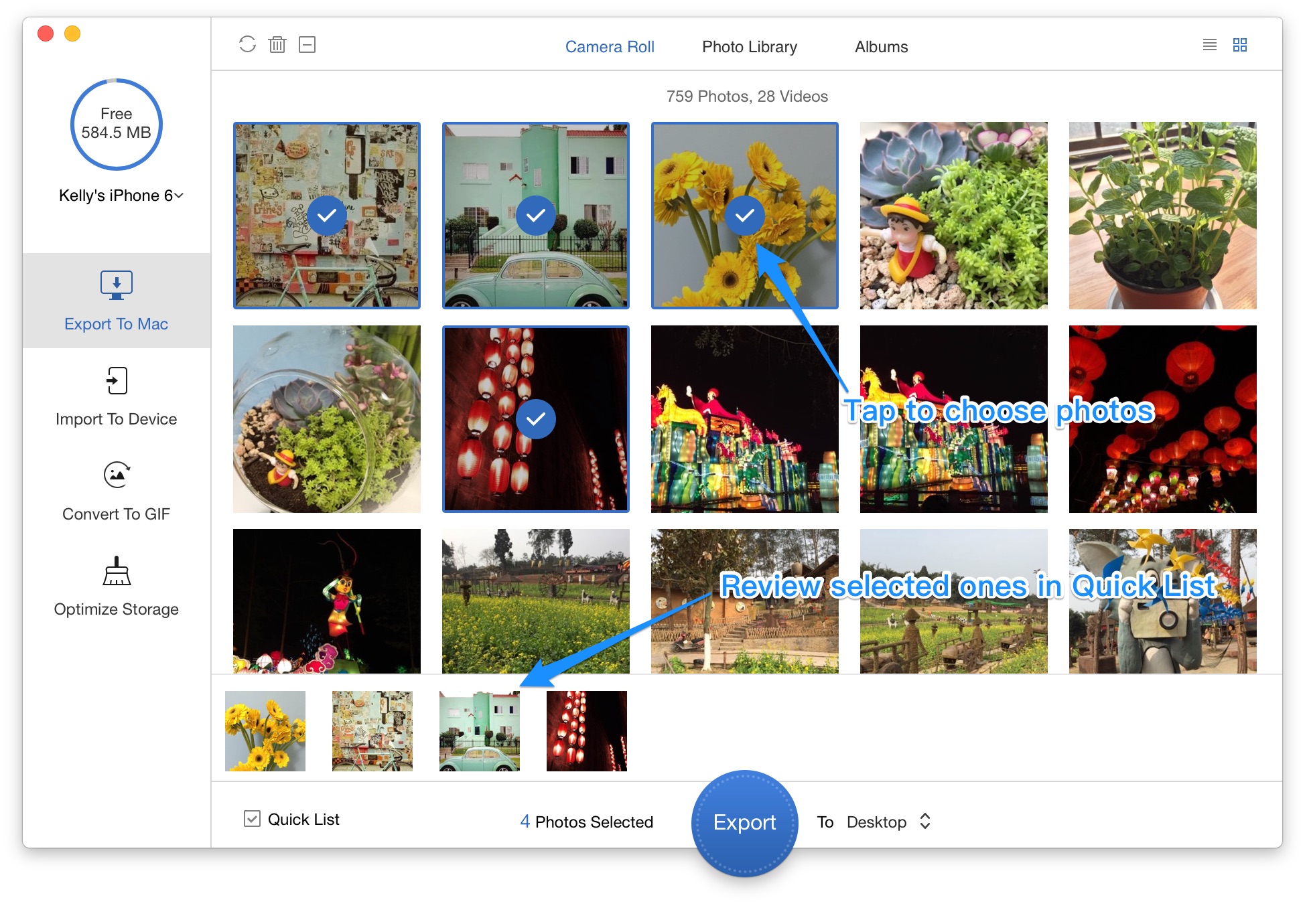 Review selected photos in Quick List
