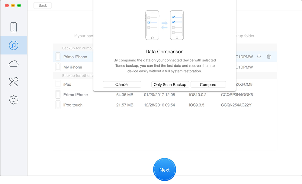 Scan Lost Data from iTunes Backup