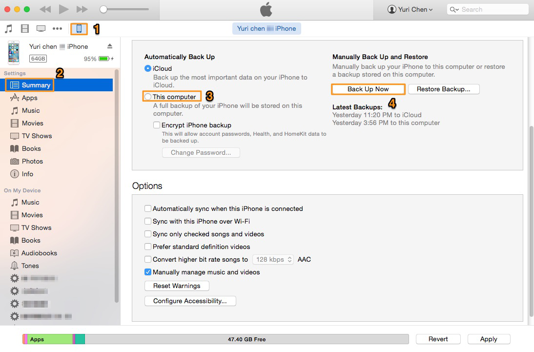 How to Backup Files on iPhone SE/6s/6 with iTunes – Step 2
