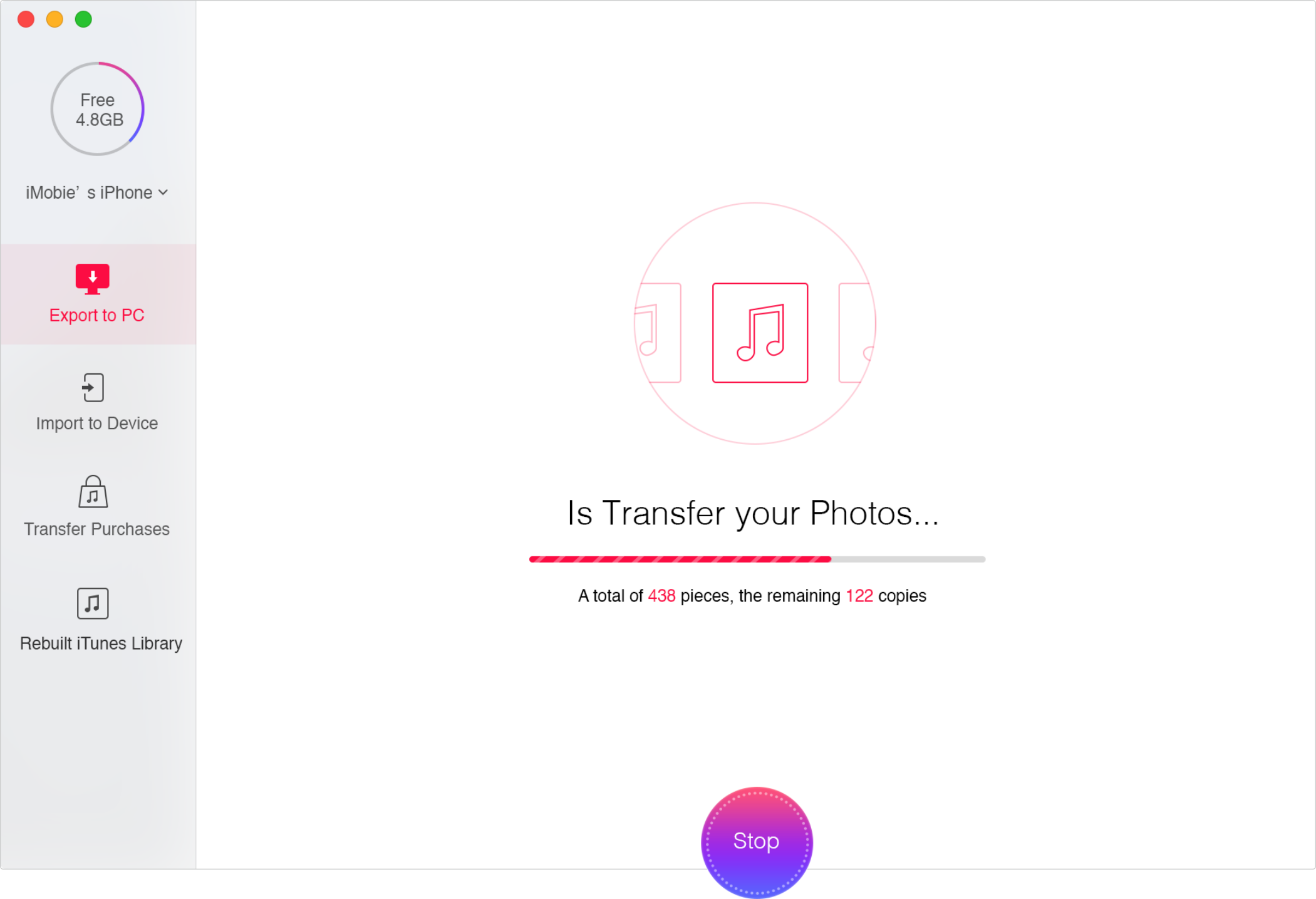 Click "Export" icon to download music from iPod to computer