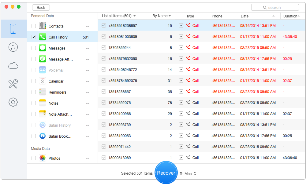 Restore Deleted Call Logs on iOS 10 without Backups – Step 2