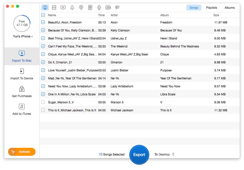 Click Export to Mac in the left panel and select songs you want to transfer