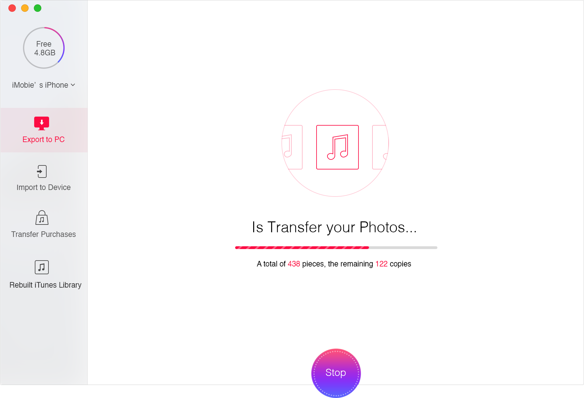 Click "Export" button to transfer your music from iPhone 6s/6s Plus to iTunes