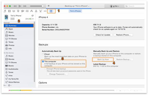 Restore Contacts on iPhone 7 from iTunes Backup Using iTunes