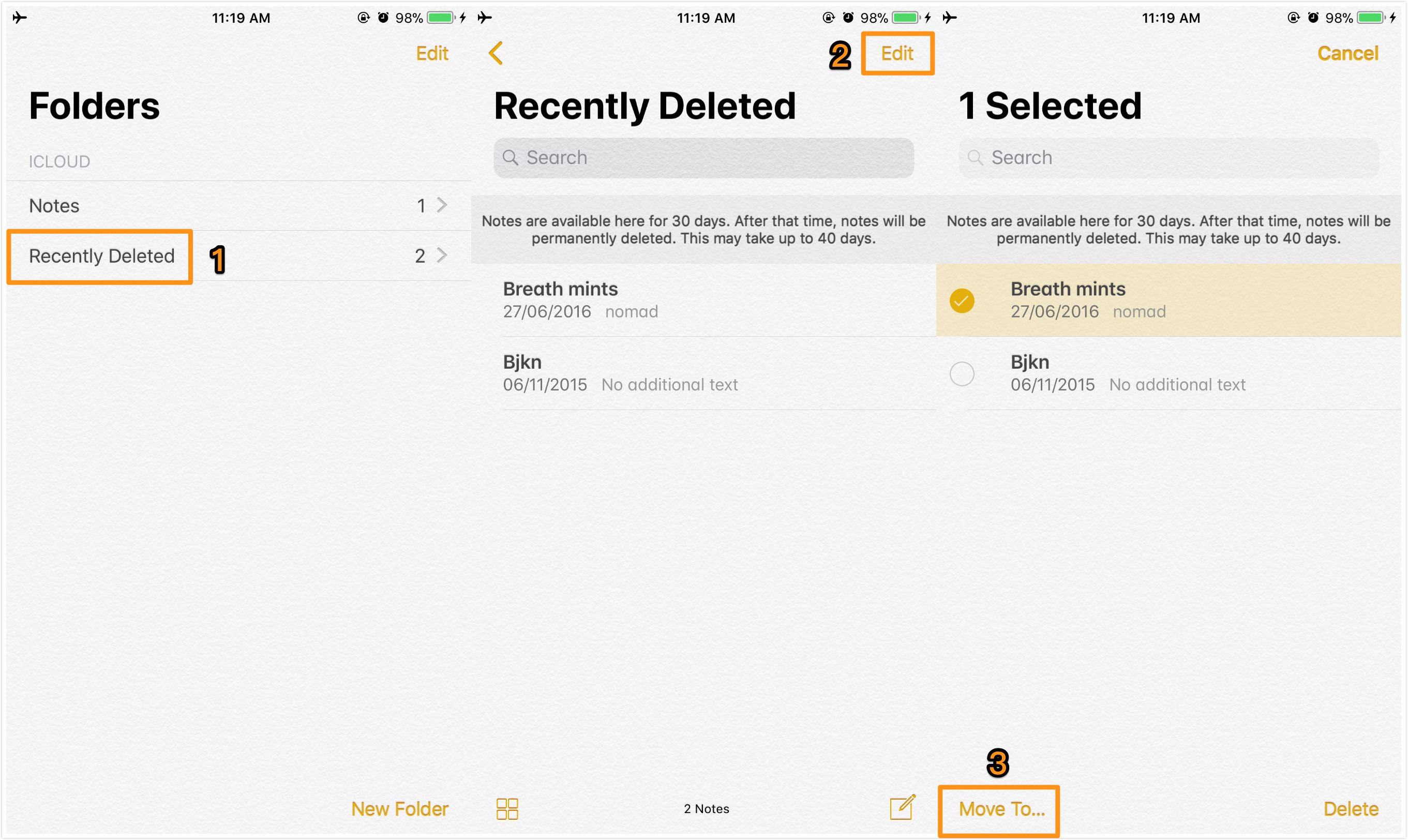 Recover Deleted Notes on iPhone X via Recently Deleted Folder