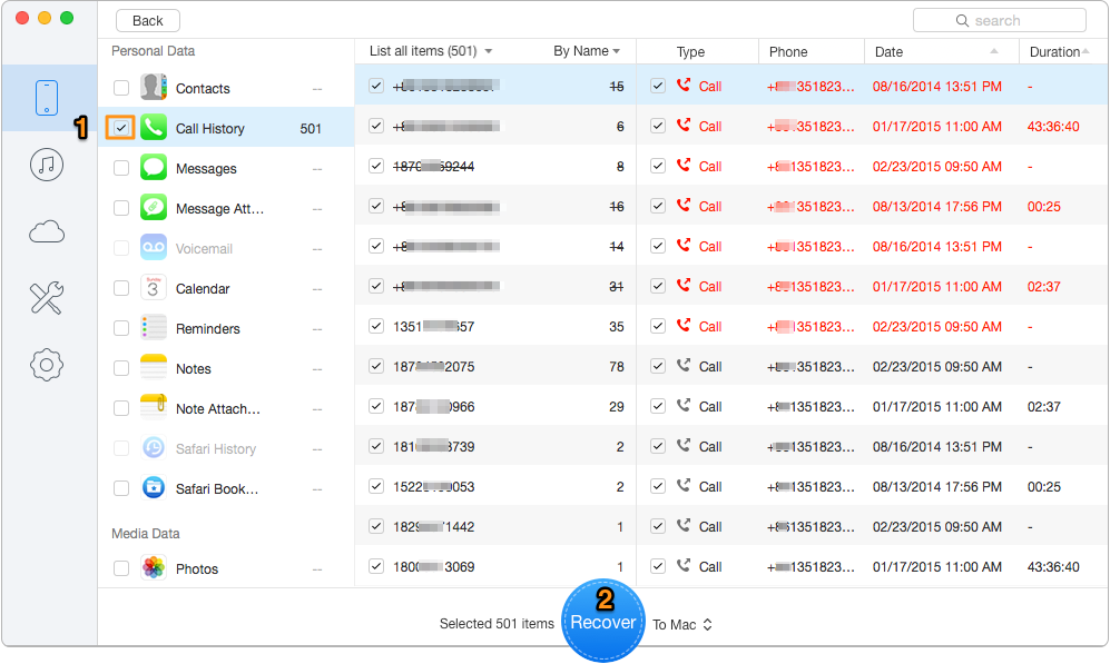 How to Retrieve Recent Calls from iPhone Directly – Step 2